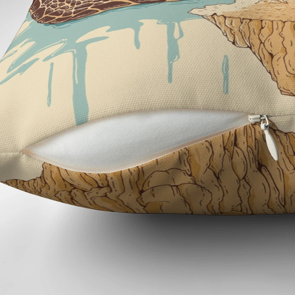 A soft, plush pillow featuring a surreal design with whimsical animal prints and clouds against a blue sky.