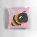 A colorful, fluffy, and cute bee-shaped decorative throw pillow with a pink background.
