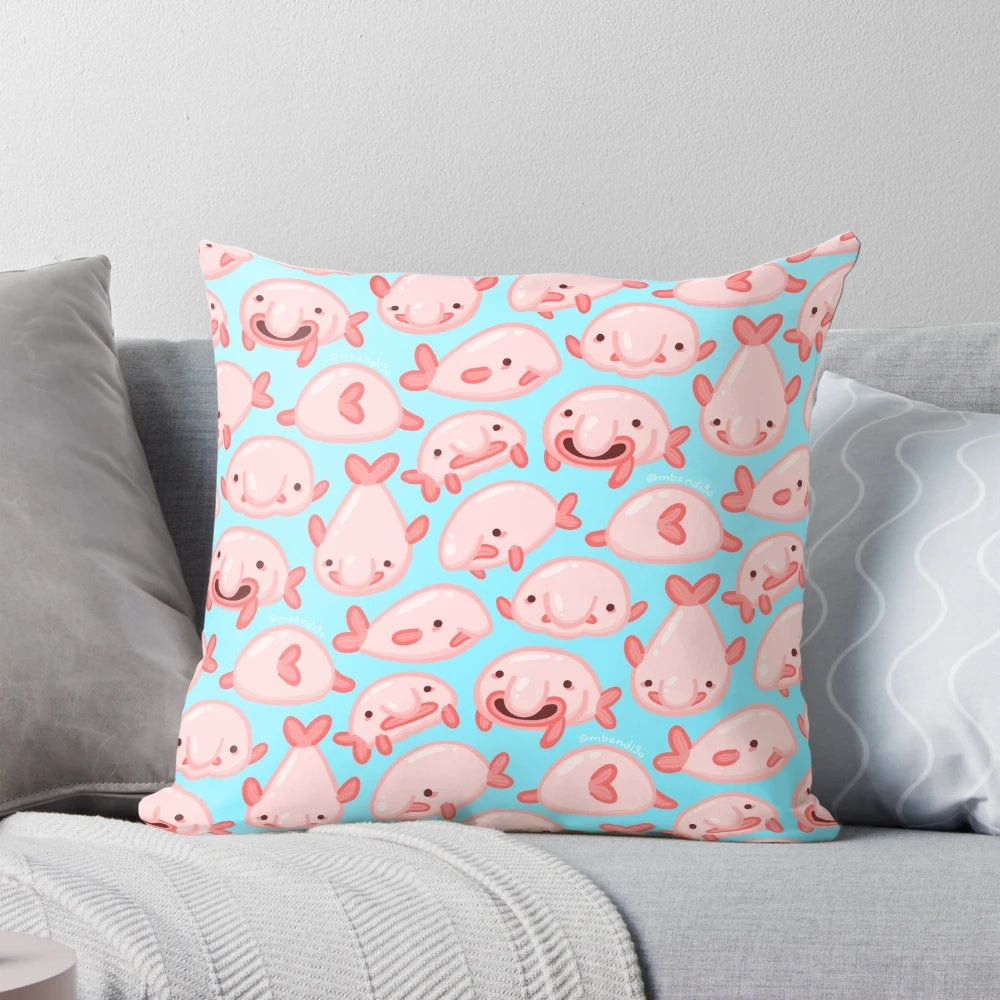 Soft, plush pillow featuring a vibrant pink blobfish pattern design