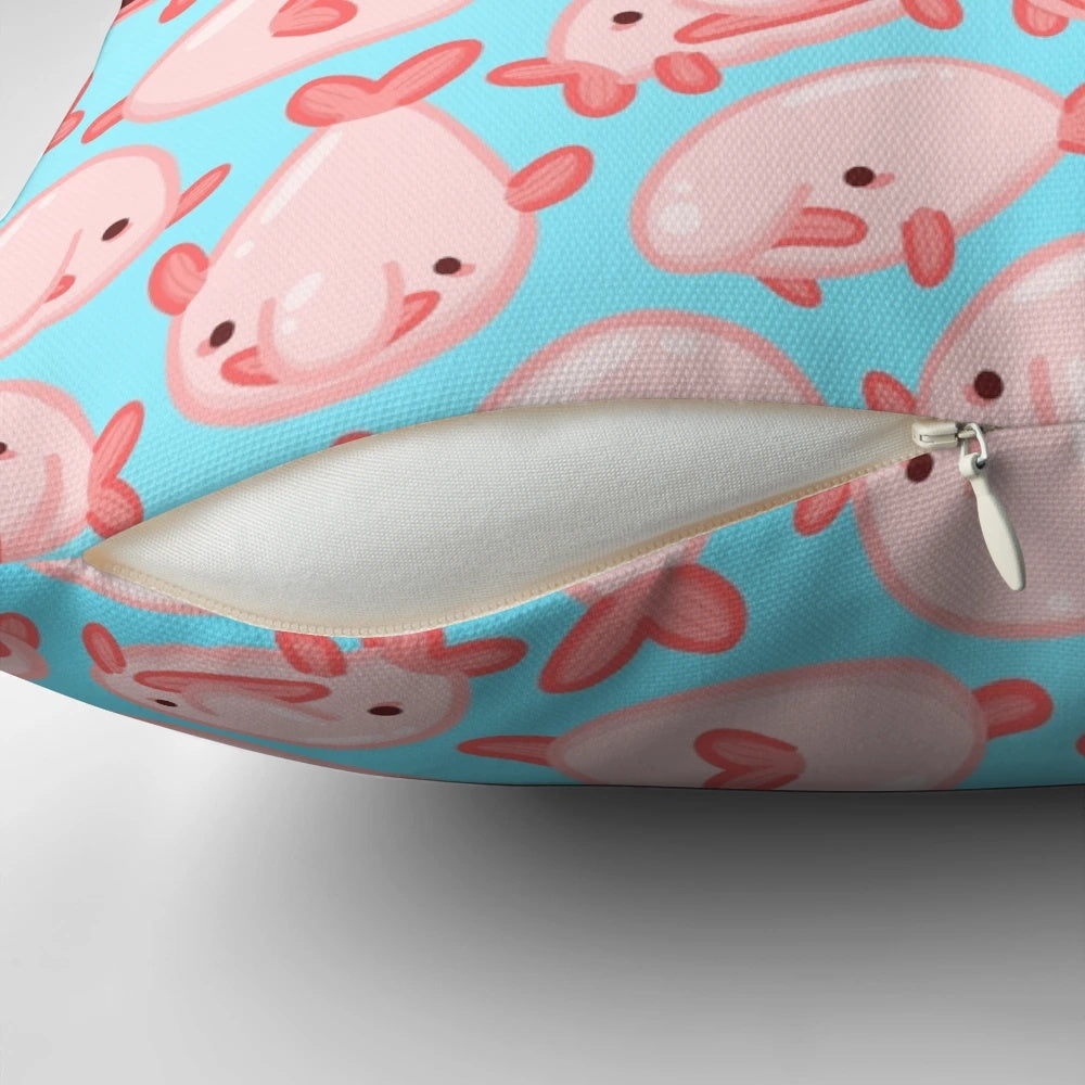 Soft, plush pillow featuring a vibrant pink blobfish pattern design