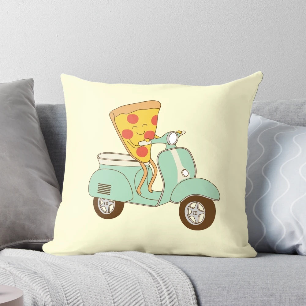 Adorable pizza delivery themed pillow with a scooter design