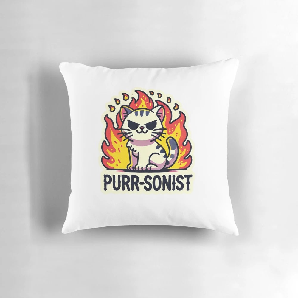 Cute and cozy pillow featuring a purr-sonist cat design, perfect for any cat lover.
