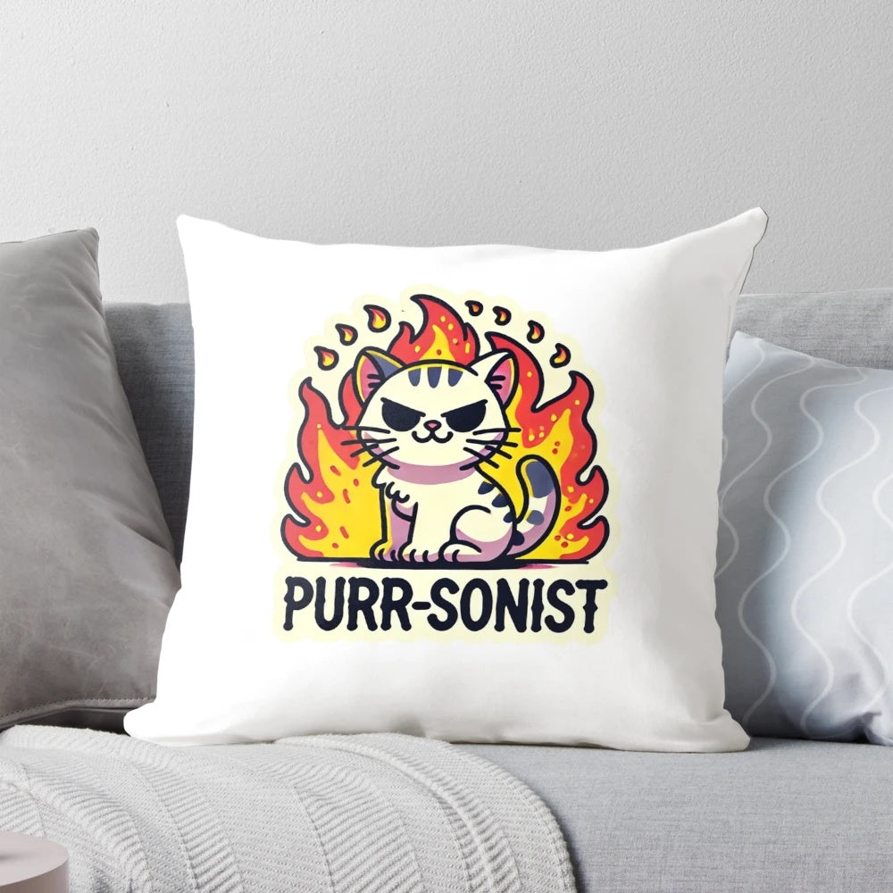 Cute and cozy pillow featuring a purr-sonist cat design, perfect for any cat lover.