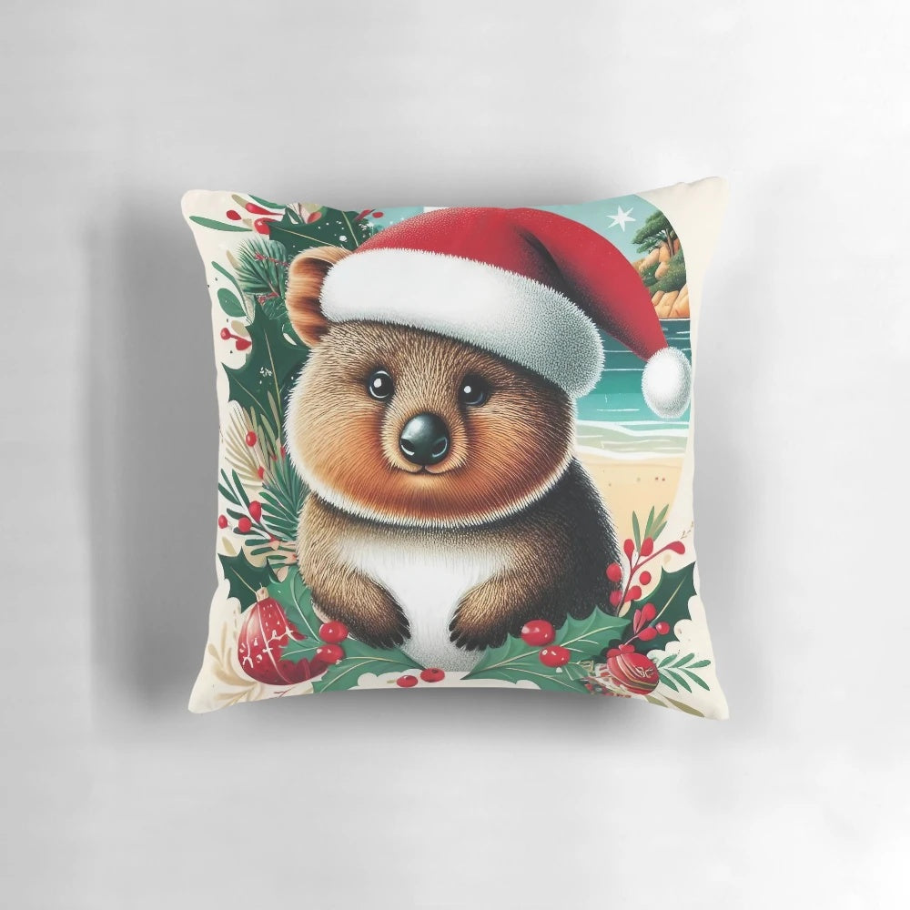 Cute Quokka Wearing a Santa Hat on a Pillow with Eucalyptus Leaves and Red and Green Ornaments