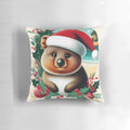 Cute Quokka Wearing a Santa Hat on a Pillow with Eucalyptus Leaves and Red and Green Ornaments