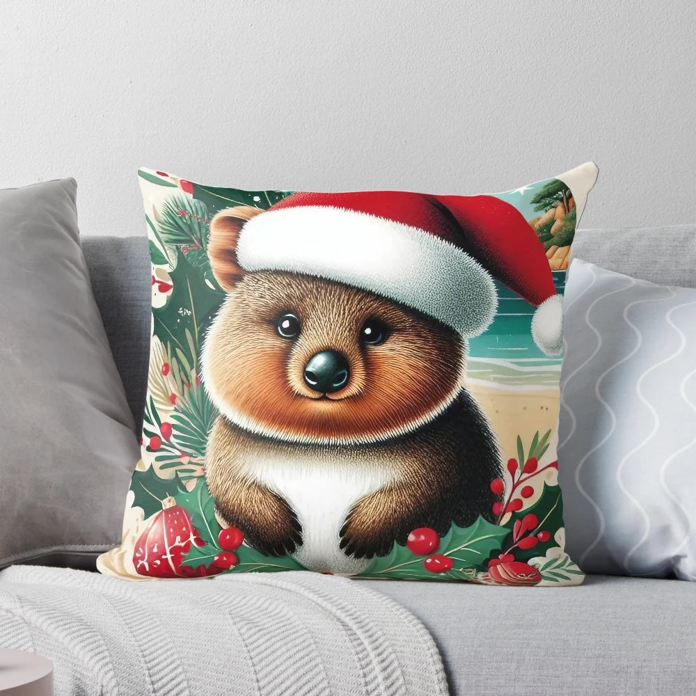 Cute Quokka Wearing a Santa Hat on a Pillow with Eucalyptus Leaves and Red and Green Ornaments