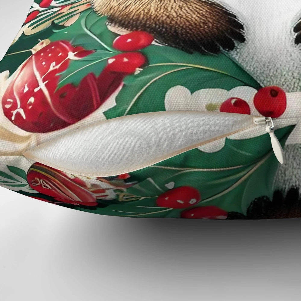 Cute Quokka Wearing a Santa Hat on a Pillow with Eucalyptus Leaves and Red and Green Ornaments