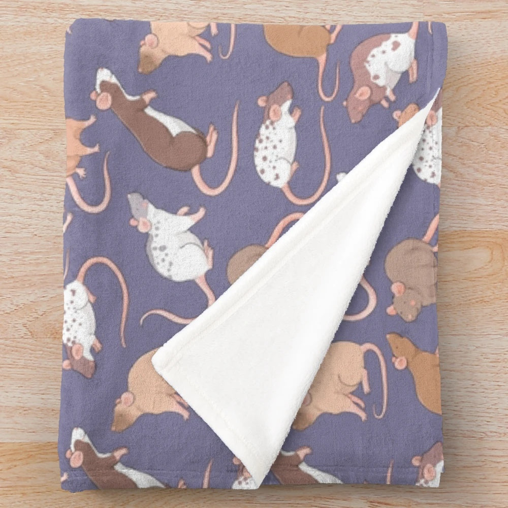 Plush blanket featuring a cute rat pattern against a slate grey background