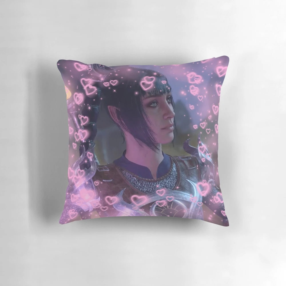 A cozy Baldur's Gate 3 Shadowheart-themed pillow featuring cute hearts design.