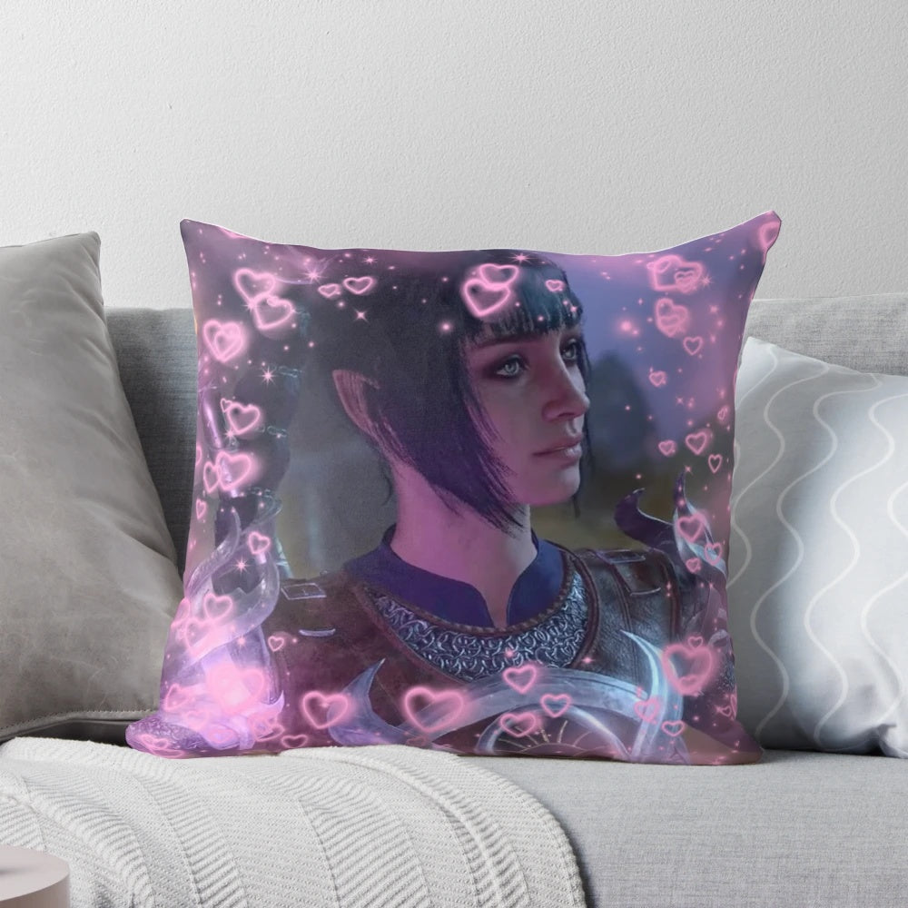 A cozy Baldur's Gate 3 Shadowheart-themed pillow featuring cute hearts design.