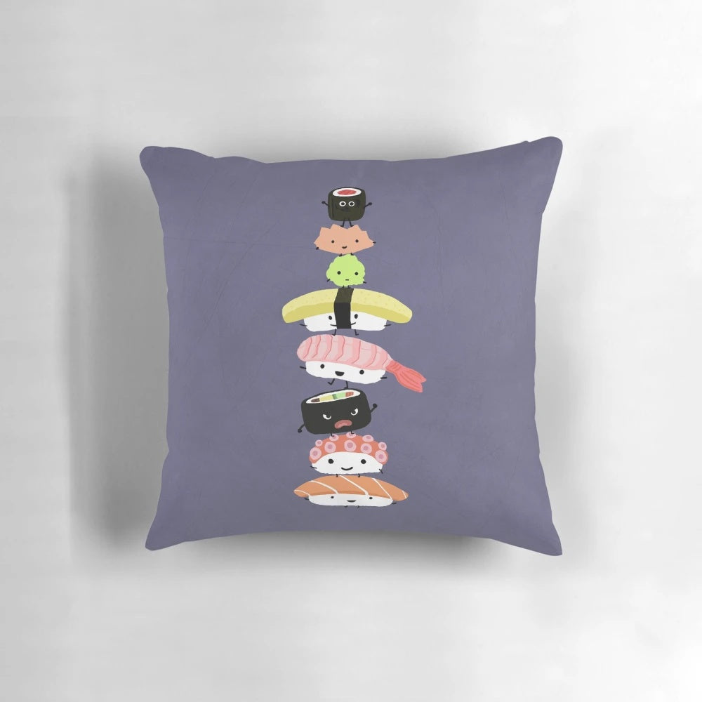 Colorful and adorable sushi-themed throw pillow with a cartoon design