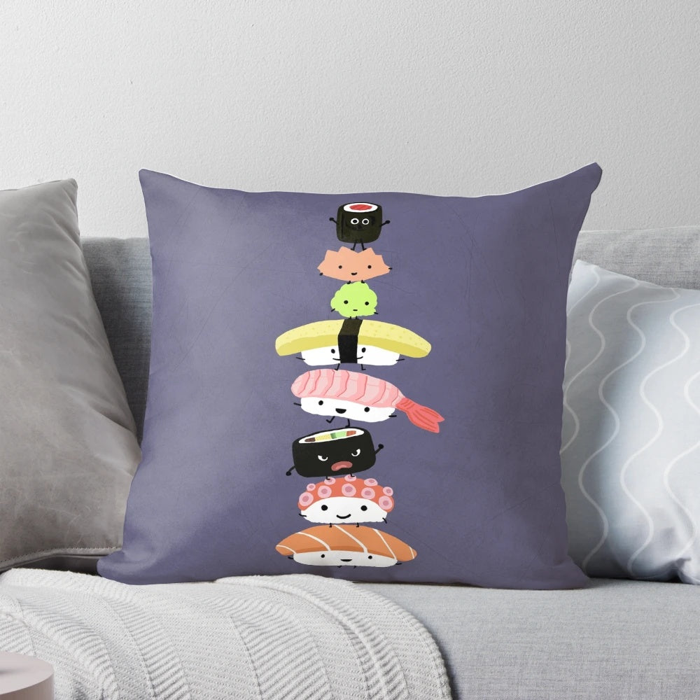 Colorful and adorable sushi-themed throw pillow with a cartoon design