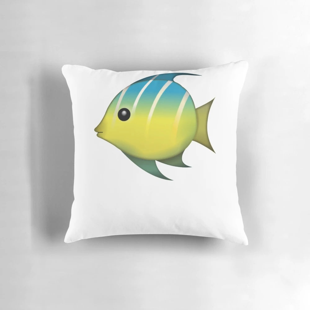 A soft, plush pillow featuring a cute tropical fish emoji design, perfect for adding a touch of whimsy to your home.