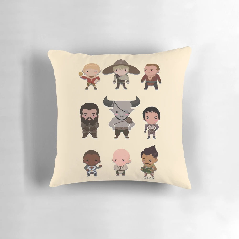 Dragon Age Inquisition themed decorative pillow with characters from the game