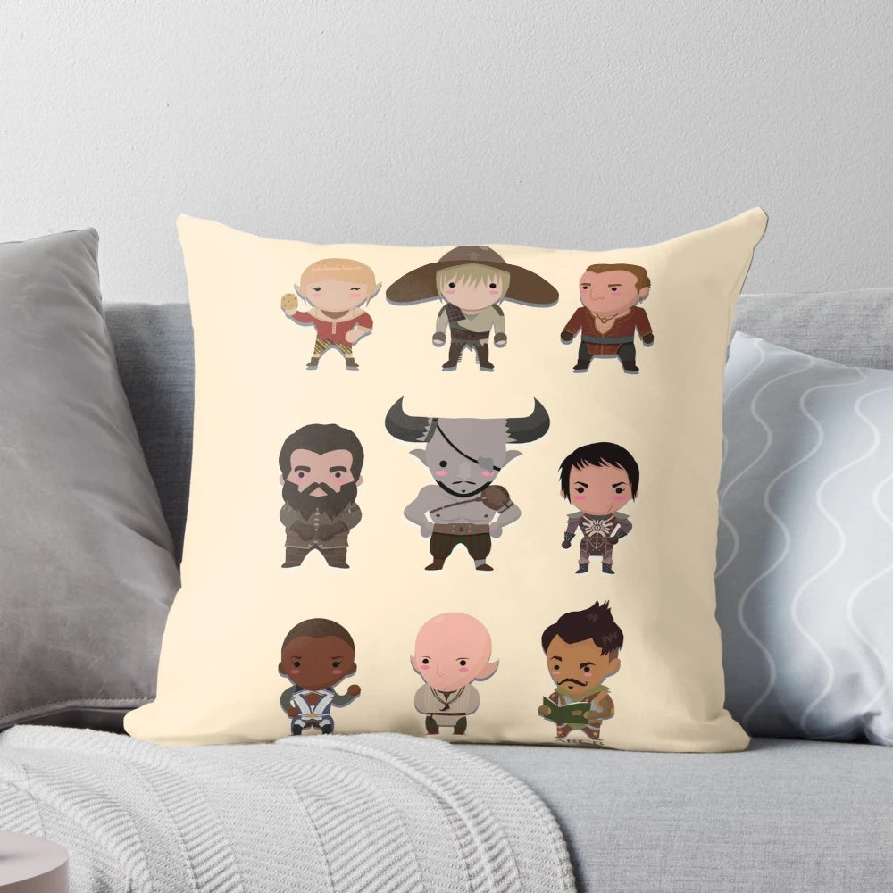 Dragon Age Inquisition themed decorative pillow with characters from the game