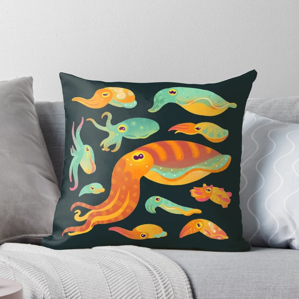 Cuttlefish decorative pillow featuring a vibrant, underwater design