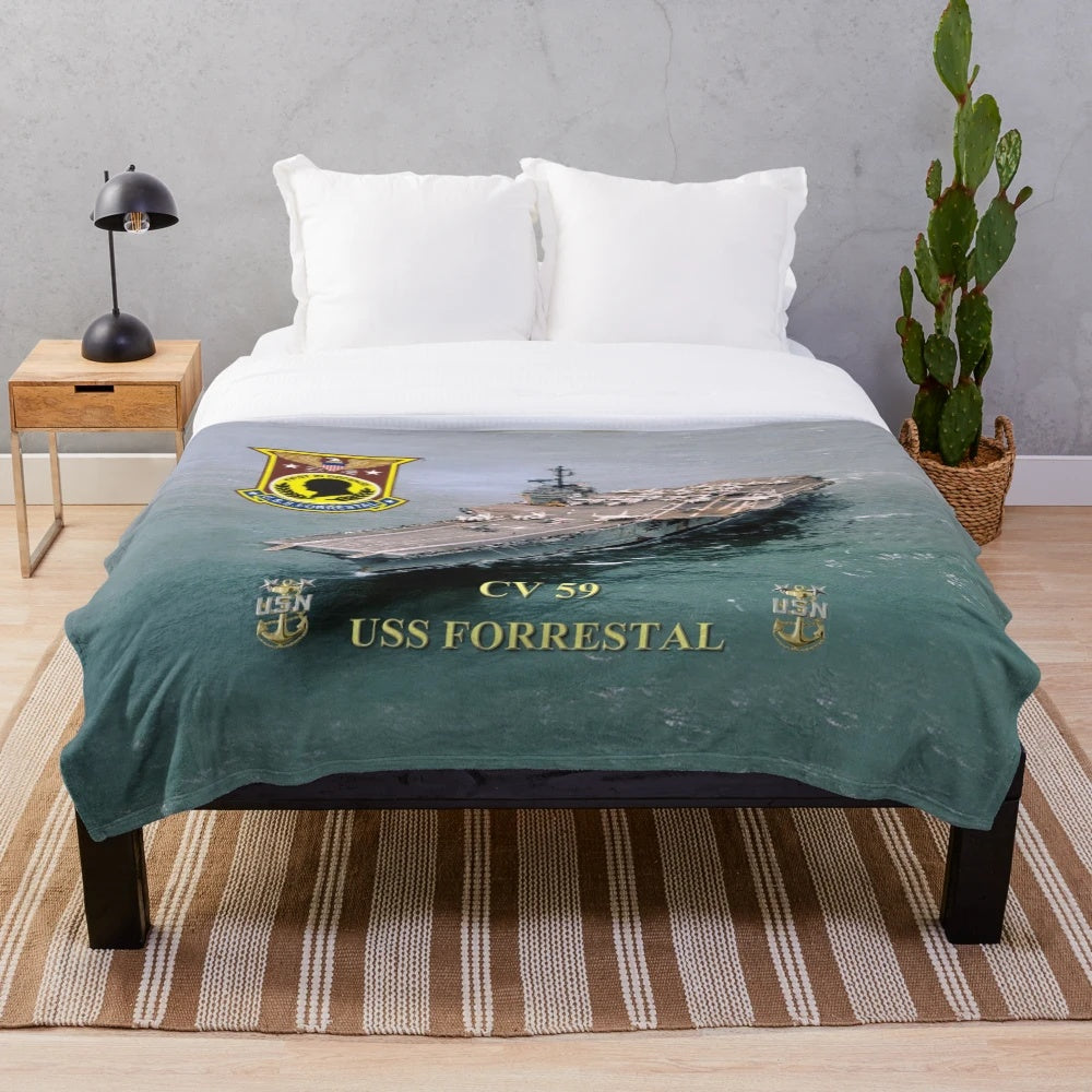CV-59 USS Forrestal inspired plush blanket featuring the iconic aircraft carrier
