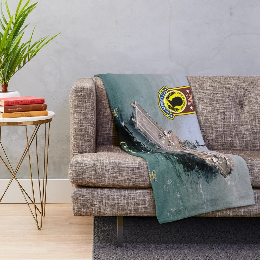 CV-59 USS Forrestal inspired plush blanket featuring the iconic aircraft carrier