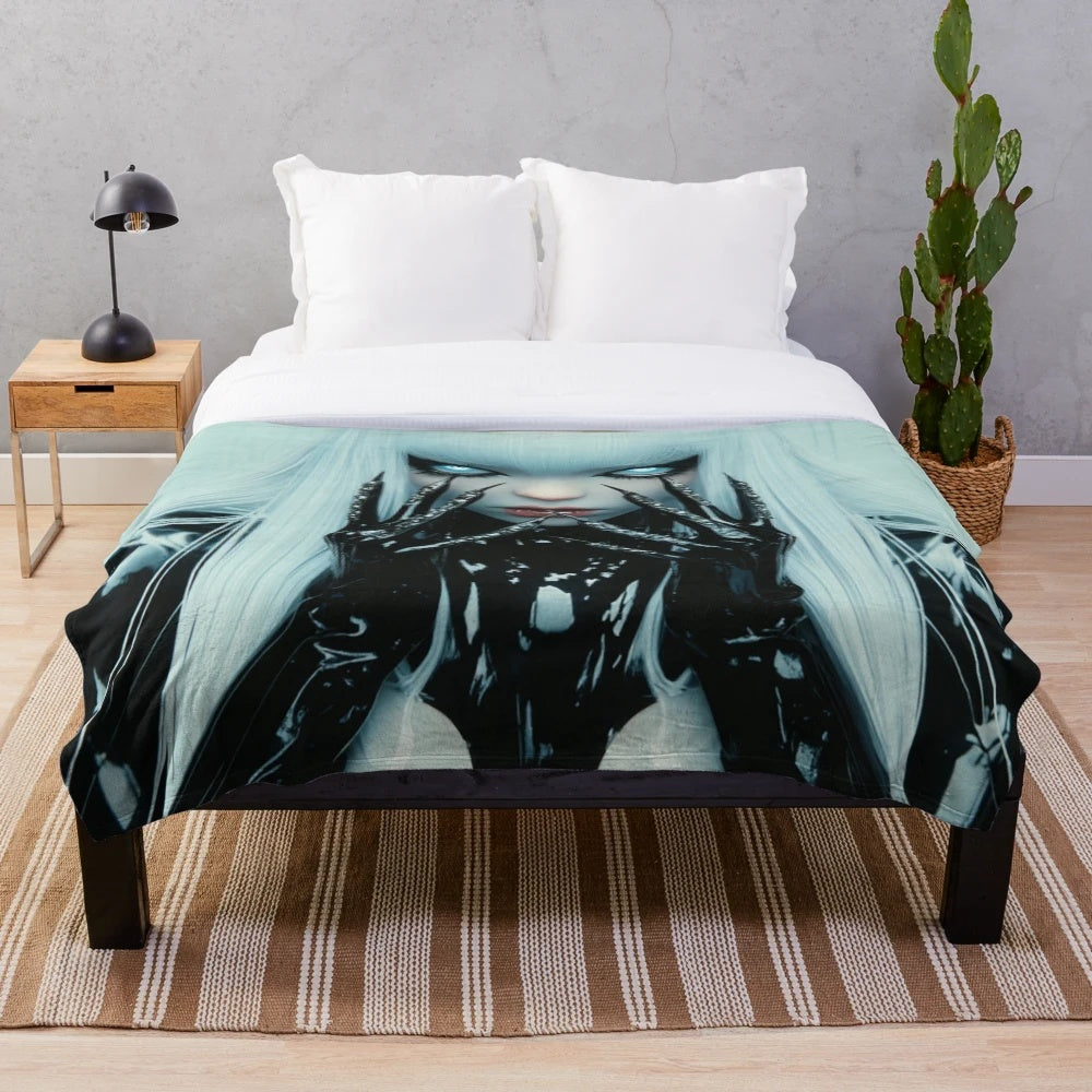 Plush blanket featuring a cyber-inspired white-haired anime girl design