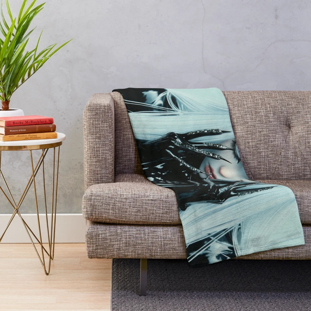 Plush blanket featuring a cyber-inspired white-haired anime girl design