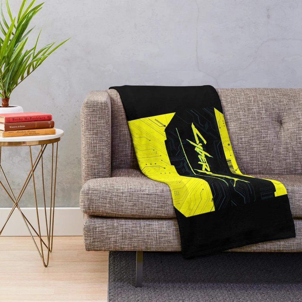 Cyber Punk Neon Plush Blanket featuring a bold black and white design with neon accents
