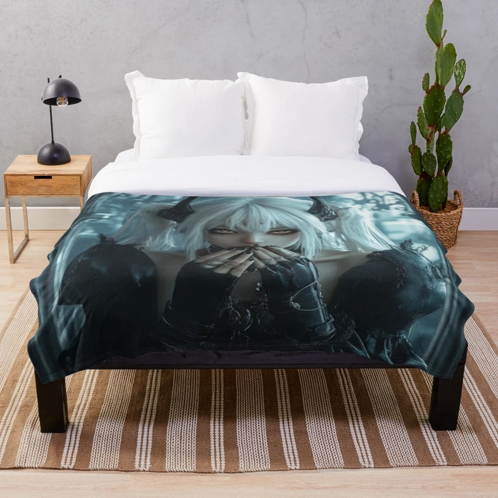 Cyber witch inspired plush blanket with white hair, anime girl design