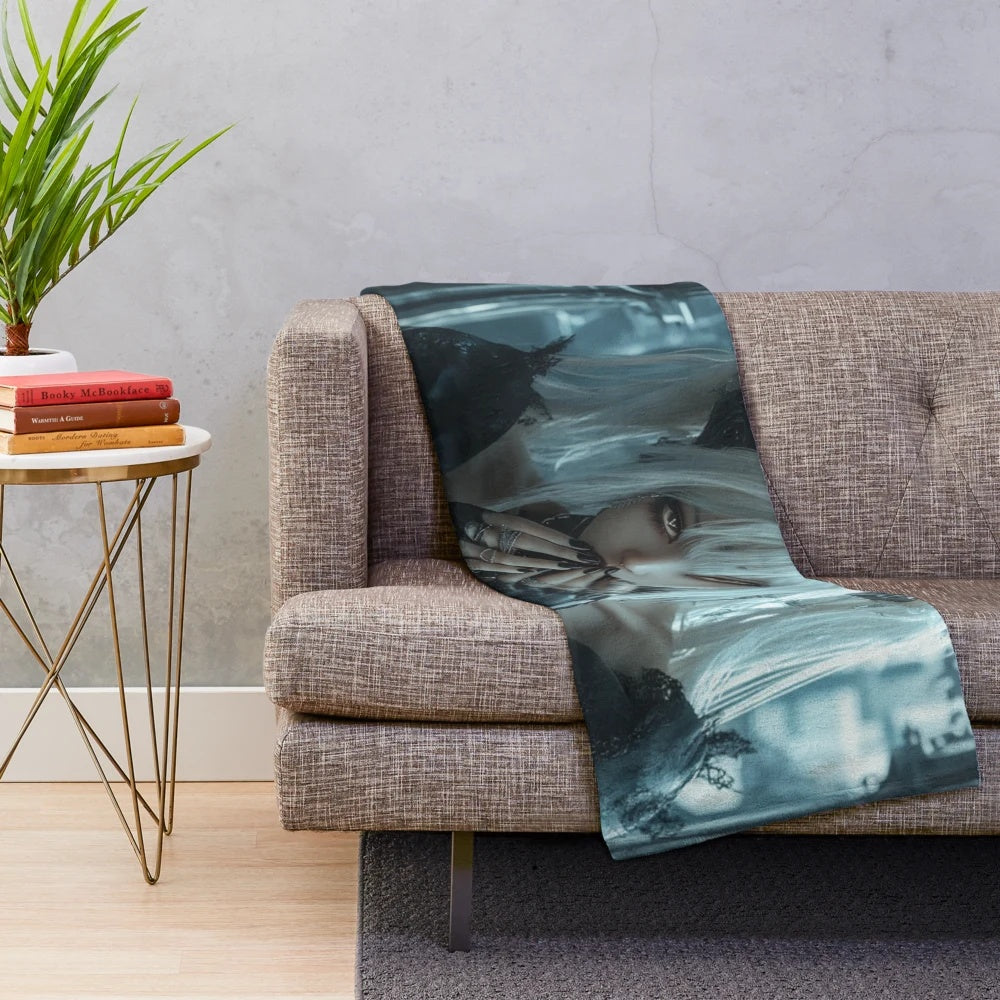 Cyber witch inspired plush blanket with white hair, anime girl design