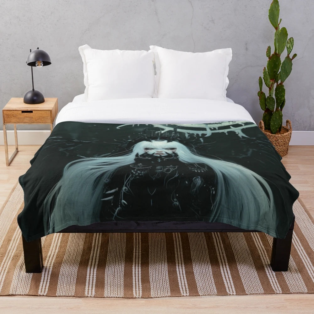 Cyber witch-themed plush blanket with gothic floral pattern and white-haired girl design