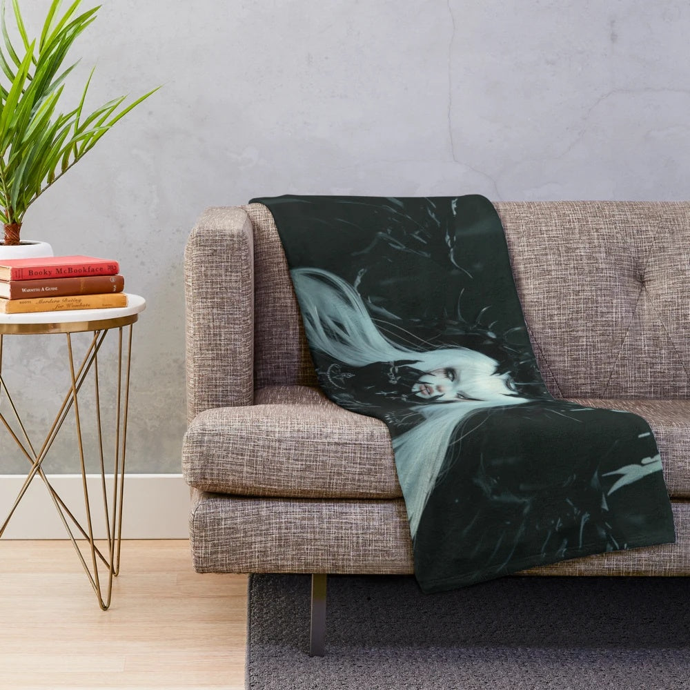 Cyber witch-themed plush blanket with gothic floral pattern and white-haired girl design