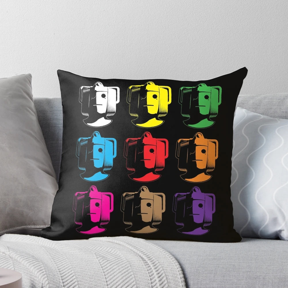 Cyberman pop art design printed on a high-quality throw pillow, perfect for sci-fi fans.