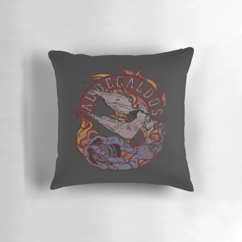 Cyberpunk 2077 Aldecaldos Nomad distressed and weathered logo printed on a soft, comfortable pillow.
