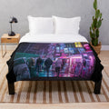 Cyberpunk anime-style plush blanket with neon Tokyo design