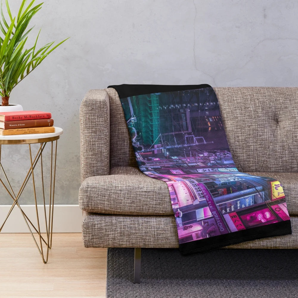 Cyberpunk anime-style plush blanket with neon Tokyo design