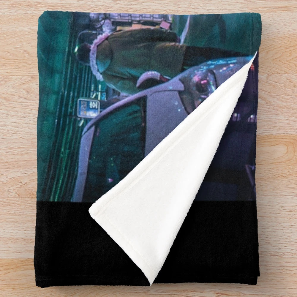 Cyberpunk anime-style plush blanket with neon Tokyo design