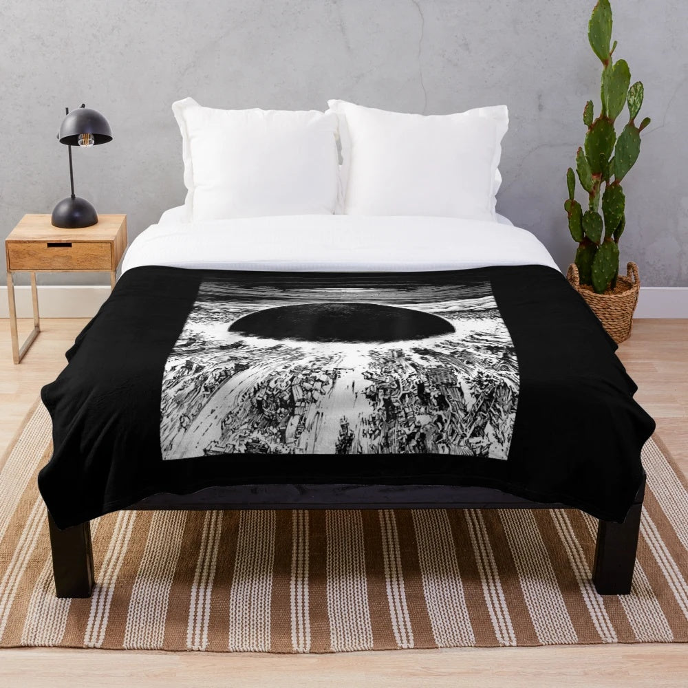 Cyberpunk plush blanket with city explosion design