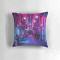 Vibrant digital pillow featuring a futuristic, dimensional Japanese alley scene with neon lights and pastel colors.