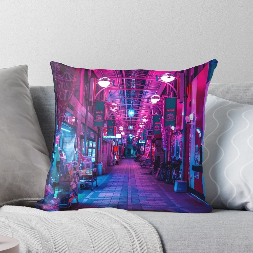 Vibrant digital pillow featuring a futuristic, dimensional Japanese alley scene with neon lights and pastel colors.