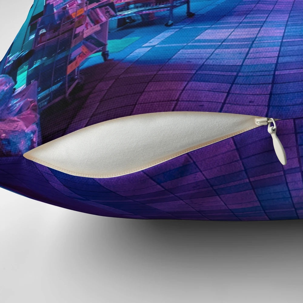 Vibrant digital pillow featuring a futuristic, dimensional Japanese alley scene with neon lights and pastel colors.