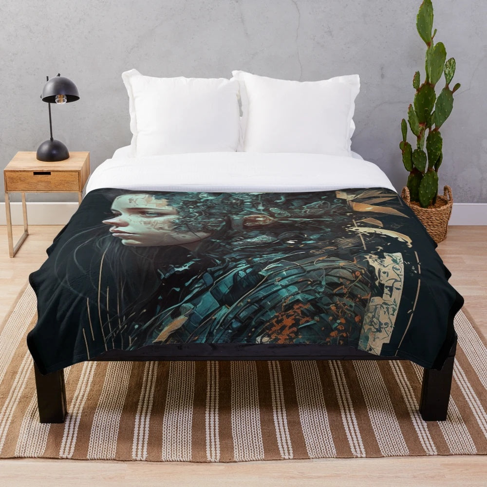 Cyberpunk girl plush blanket featuring a futuristic, abstract, and surreal portrait