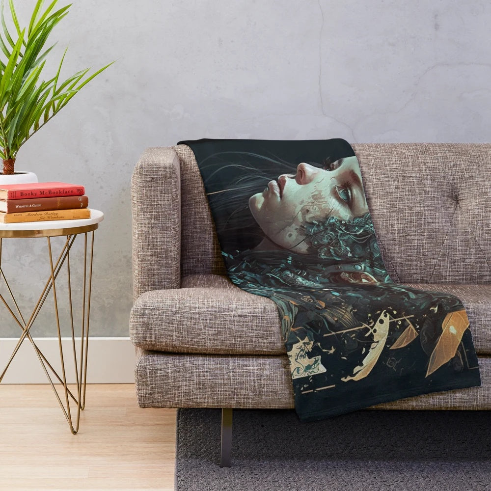 Cyberpunk girl plush blanket featuring a futuristic, abstract, and surreal portrait