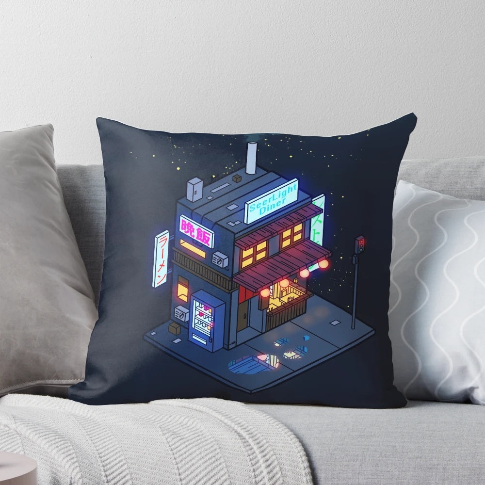 Cyberpunk-inspired pillow with futuristic galaxy and night sky design