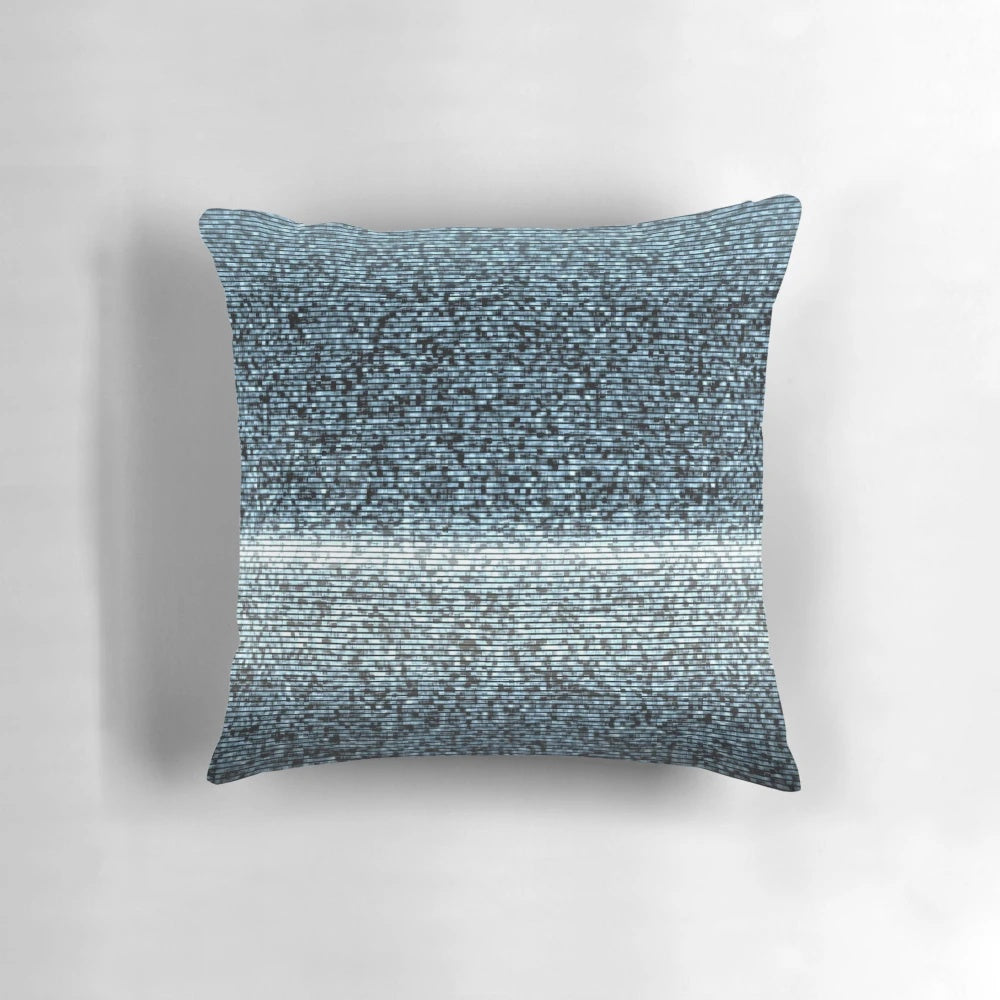 A static, glitchy, futuristic-looking pillow with a cyberpunk and vaporwave aesthetic, perfect for tech-savvy decor.