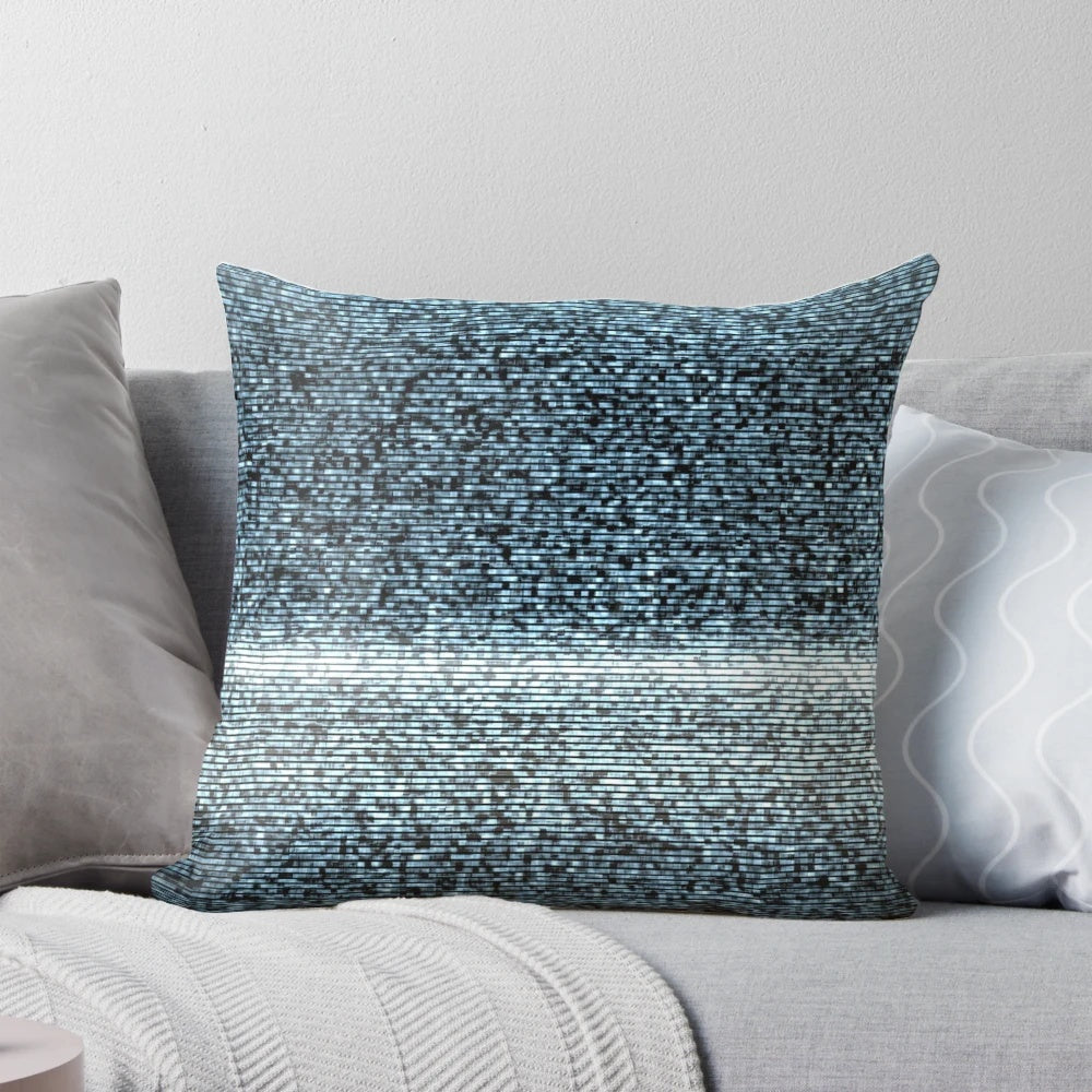 A static, glitchy, futuristic-looking pillow with a cyberpunk and vaporwave aesthetic, perfect for tech-savvy decor.