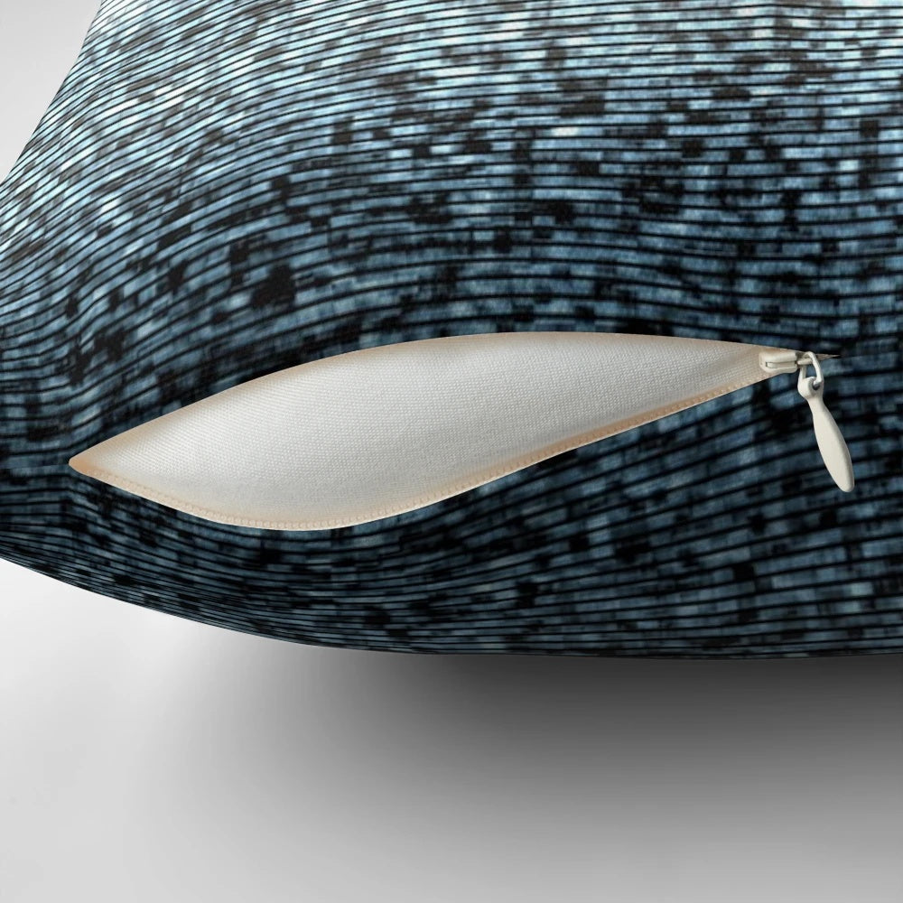 A static, glitchy, futuristic-looking pillow with a cyberpunk and vaporwave aesthetic, perfect for tech-savvy decor.