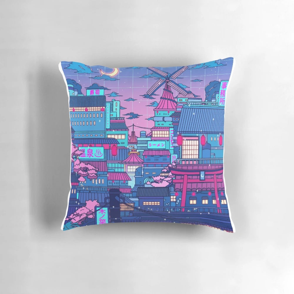 Cyberpunk village seerlight aesthetic pillow with lofi anime surreal design