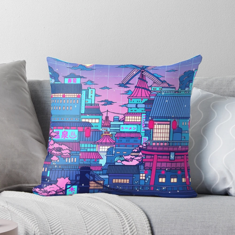 Cyberpunk village seerlight aesthetic pillow with lofi anime surreal design