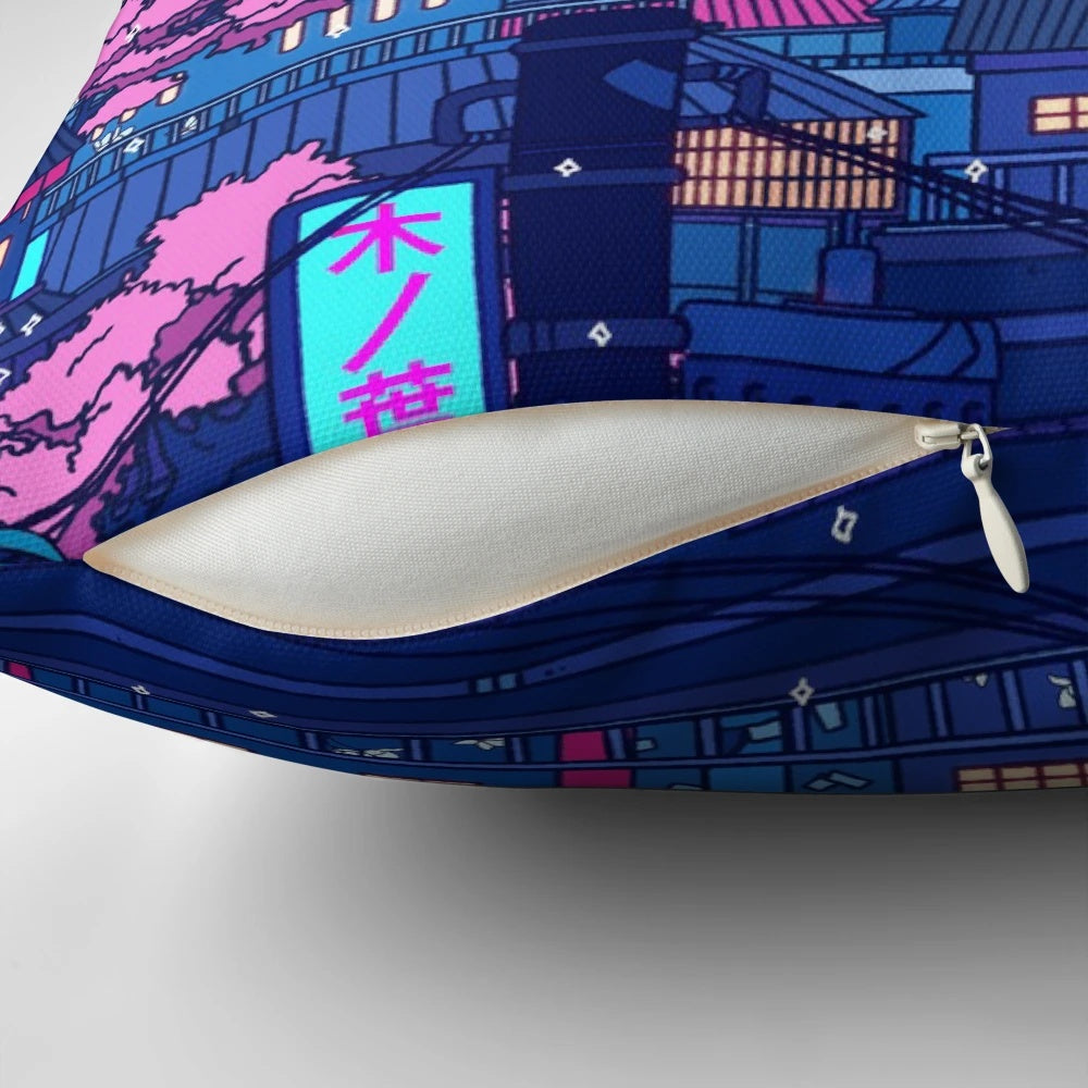 Cyberpunk village seerlight aesthetic pillow with lofi anime surreal design