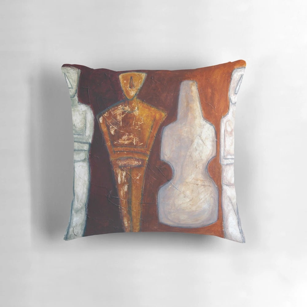 A white throw pillow with a simple design of Cycladic idols, representing ancient Greek art and culture.
