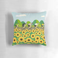 Colorful cycling-themed pillow with bicycle, mountain, and sunflower motifs