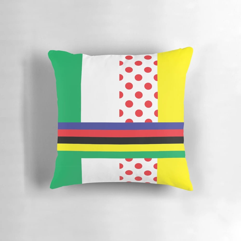 Colorful cycling jerseys pillow featuring popular cycling event logos and designs